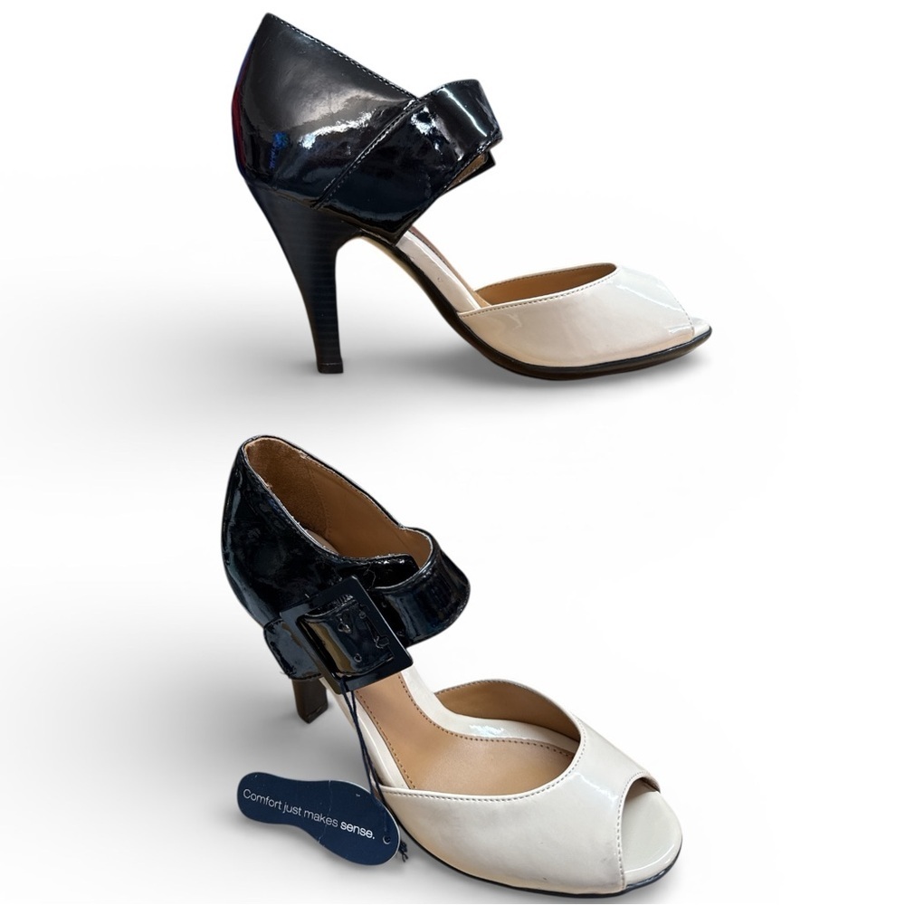 Black & Ivory Patent Ankle Strap Heels Size 7 Medium 4” Heel Comfort Dress Shoes